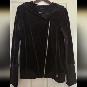 Calvin Klein Black Velour  Hoodie. Size M. Asymetrical gold Zipper. Moto Jacket.